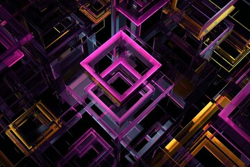 Isometric view of clean neon tube shapes forming a complex geometric tunnel, cyberpunk aesthetic, deep black void, digital art, high resolution,