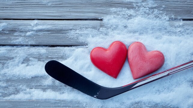 Two red hearts resting on a hockey stick, covered with snow, expressing a message of love in a cold winter day.