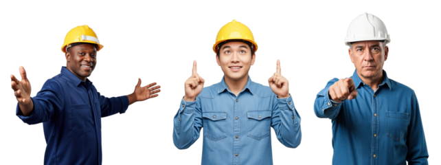 Three diverse male construction workers, including young, middle-aged, and senior men, wearing hard hats and blue shirts, making various gestures in a studio.