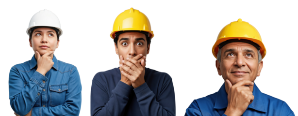 Diverse Group of Construction Workers in Hard Hats Expressing Thought, Surprise, and Contemplation on a transparent background