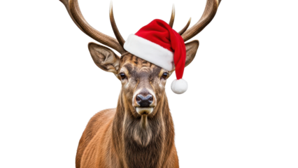 Red Deer Stag with Antlers Wearing Festive Santa Hat for Christmas Holiday isolated PNG with Transparent Background