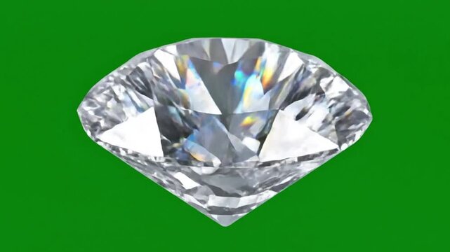 Brilliant round diamond gemstone sparkling with realistic reflections isolated on green screen background for luxury jewelry advertising and cinematic visual effects compositing