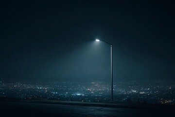 A clean, dramatic, moody shot of an isolated, single bright streetlamp (focused object) illuminating a section of a dark, sprawling high-angle city, emphasizing solitude,