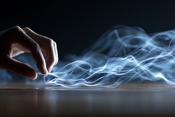 A clean, long exposure shot of the clean, fluid movement of a hand assembling/building a simple physical object (abstract creation), pure energy, cinematic light,