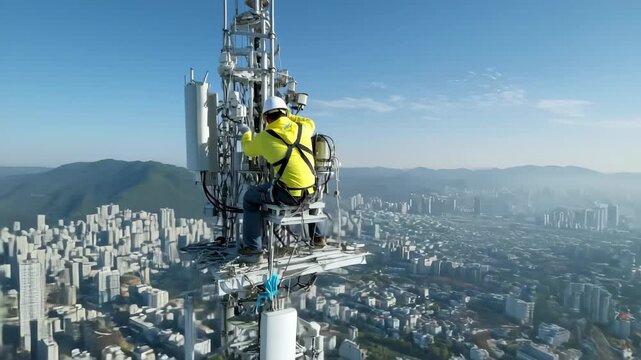 Technician works on telecommunications tower high above city skyline during clear daytime
