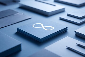 Overhead view (flat lay) of a clean, simple desk with notebooks/pens and a single stylized symbol of infinity/eternity (focused on continuity), top view, time, clean orga