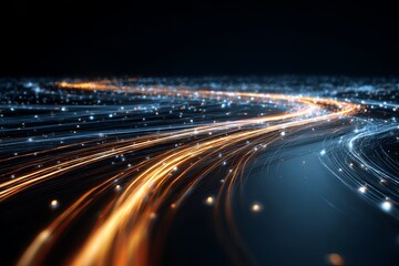 A clean, long exposure shot of the clean, fluid movement of car light trails forming a complex, glowing pattern on the city streets below, traffic, pure energy, cinematic