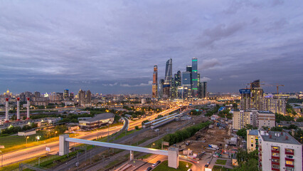 Business complex of skyscrapers Moscow city day to night timelapse.