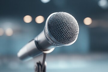 Clean, multi-ethnic professional (focused action) speaking clearly into a simple, modern microphone on a stage, public speaking, clarity, hyperrealism, 16K,