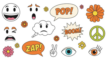 Retro pop art cartoon elements with various expressions, speech bubbles, and hippie symbols on a white background.