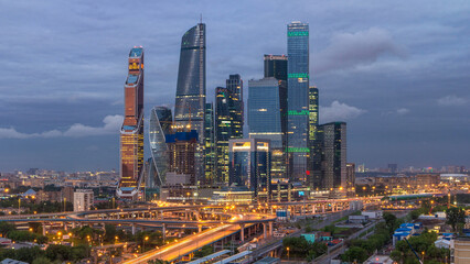Obraz premium Business complex of skyscrapers Moscow city day to night timelapse.