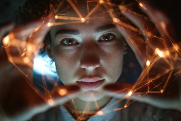 Clean, multi-ethnic person (focused, intense concentration) touching two glowing points on a screen, forming a complex, simple geometric shape, idea, innovation, hyperrea