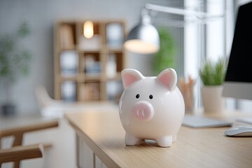 Wide-angle view of a clean, modern home office with a simple, symbolic piggy bank (focused on saving) positioned prominently on the desk, retirement, saving, high key lig