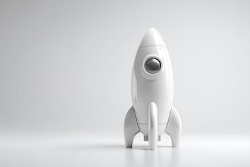 Clean, minimalist shot of a clean, simple rocket ship icon (focused detail) launching from a clean white surface, takeoff, growth, clean design, 16K,