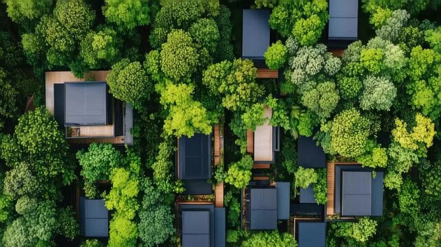 Emerald Canopy Sanctuary: An elevated view showcases a modern architectural design, seamlessly integrated with lush greenery. The houses nestle amidst a vibrant forest.