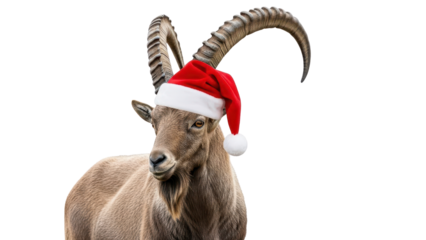 Mountain goat with large horns wearing a red Santa hat for Christmas isolated PNG with Transparent Background