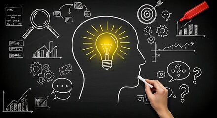 Chalkboard drawing of a human head with a lightbulb and business ideas profile