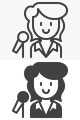Singer woman line and solid different style vector icon set