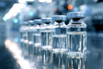 Glass vials with clear liquid on a stainless steel surface in a laboratory setting for medical research or pharmaceutical production