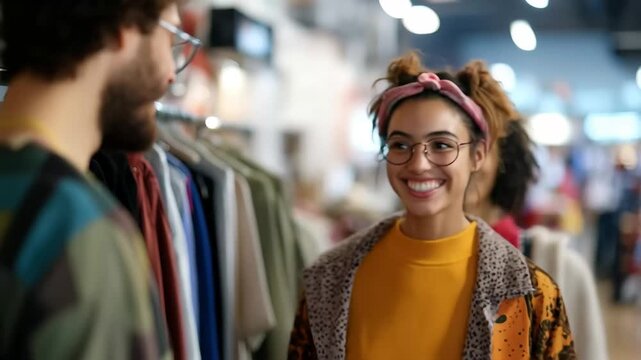 Joyful Shopping Experience: A smiling woman wearing glasses and her friend engaging in lively conversation as they navigate the racks in a store, radiating happiness and enjoyment in this moment.