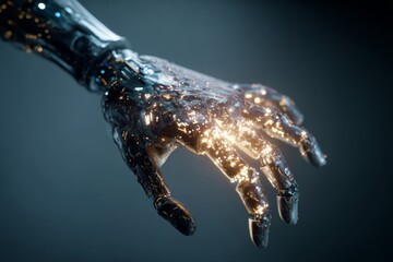 Digital Light Creation Between Human Hand and Robotic Arm in a Futuristic Setting of Technology and Innovation