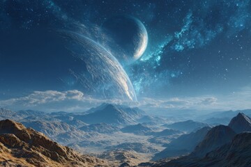Breathtaking Alien Landscape with Multiple Planets, Mountains, and Stars in the Distant Sky Captured in Stunning Celestial Detail