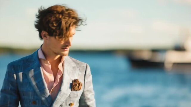 Man in stylish suit and shirt looks at the sea while enjoying a sunny day near a yacht