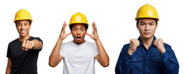 Three diverse young male construction workers wearing yellow hard hats, showcasing various emotions from happiness and surprise to determination, isolated on a transparent background.