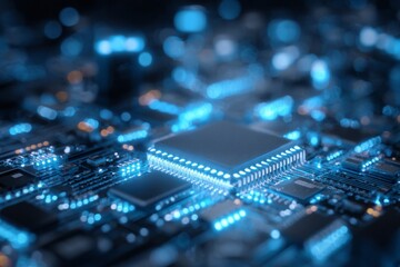 Abstract Technology Background with Blue Lights and Digital Circuits for Modern Designs and Creative Projects