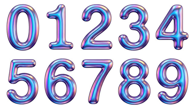 Vibrant set of three-dimensional numbers from zero to nine with an iridescent holographic finish, a glossy metallic texture, and a playful inflated balloon shape