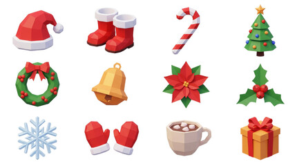 Collection of low-poly 3D Christmas icons including a Santa hat, tree, gift, and wreath in a festive holiday set with a clean, modern, and stylized aesthetic