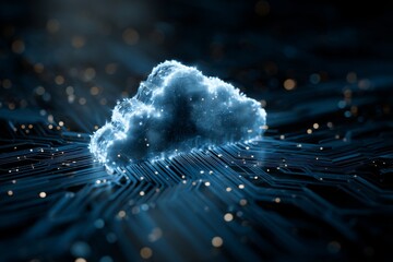 Conceptual representation of cloud technology with circuit patterns and blue tones on dark background for digital and tech-themed projects