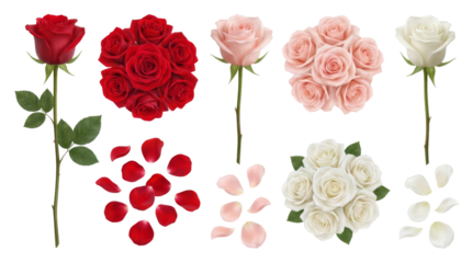 Red, pink, and white realistic roses collection with single flowers, beautiful bouquets, and delicate petals arranged in a romantic and elegant floral design set