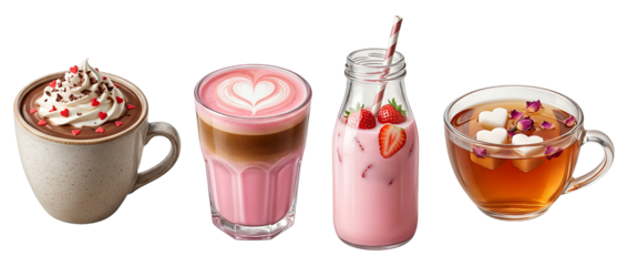 Four festive romantic beverages in a row, featuring hot chocolate with heart sprinkles, a pink latte, a strawberry milkshake, and tea with heart-shaped sugar cubes