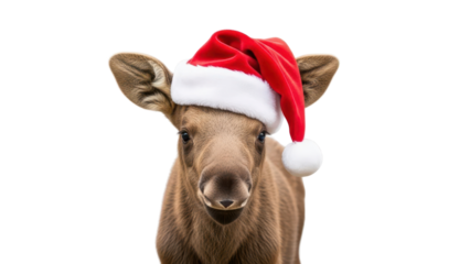 Cute Baby Moose Calf Wearing Red Santa Hat for Christmas Holiday isolated PNG with Transparent Background
