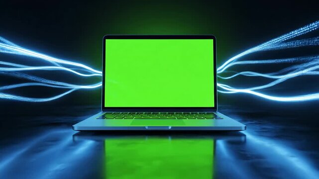 Close-up of a laptop with a bright green screen on a reflective surface with blue neon lights.