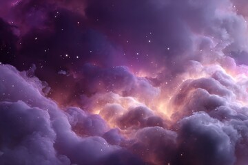 Ethereal Swirling Clouds with Glowing Lights in a Cosmic Purple Gradient Background