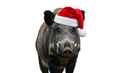 Funny Wild Boar Wearing Red Santa Hat for Christmas Holiday isolated PNG with Transparent Background