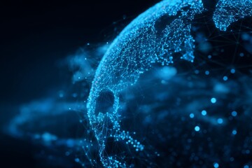 Abstract representation of a digital globe with connected dots and lines in a vibrant blue background showcasing global connectivity and technology