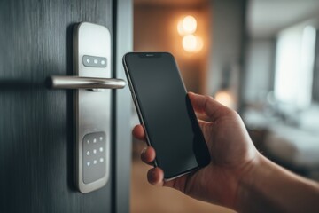 Hand Holding Smartphone Near Modern Door Lock with Digital Control and Soft Background Lighting in Contemporary Building Interior