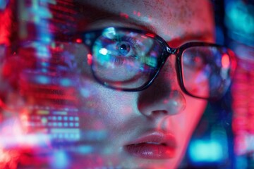 Young Woman with Futuristic Glasses Surrounded by Neon Lights and Digital Interfaces in a High-Tech Environment