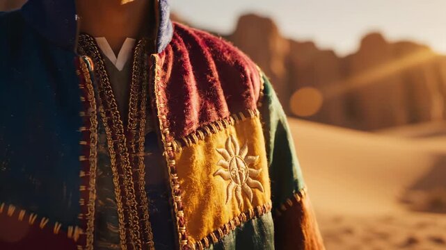 Joseph in colorful patchwork coat standing in sunny desert landscape with mountains. Garment features unique embroidered sun design, ideal for depicting ancient history, religious narratives