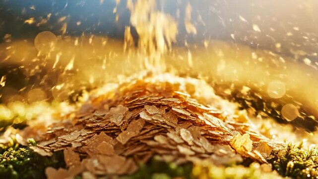Golden flakes pour onto shimmering pile, creating dynamic visual of abundance, preciousness. Content symbolizes divine blessings, spiritual growth, storytelling, suitable for bible testament, video.