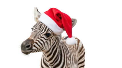 Cute Baby Zebra Foal Wearing a Festive Red Santa Hat isolated PNG with Transparent Background