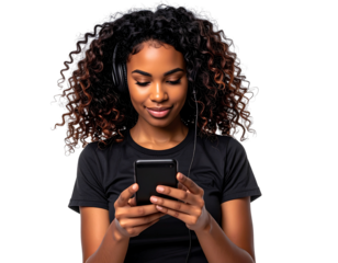 Professional female streamer reviewing gameplay statistics on handheld device, isolated on a transparent background, PNG