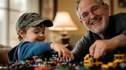 Building Memories: A heartwarming scene captures a grandfather and grandson immersed in a creative play, building a world of imagination and connection, creating memories together.