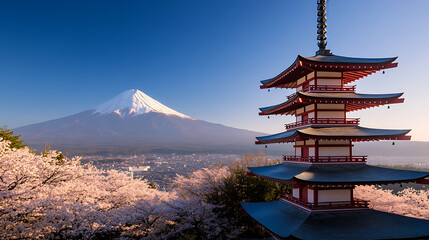 Majestic Mount Fuji is framed by cherry blossoms and a pagoda in a traditional scene. Peaceful landscape in spring highlights the beauty of Japan.