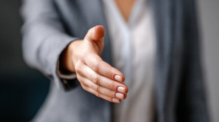 Business Handshake: A close-up shot of a professional extending her hand, offering a handshake. The gesture conveys agreement, cooperation, and respect.