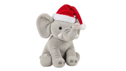 Cute Grey Elephant Plush Toy Wearing Red Santa Hat for Christmas isolated PNG with Transparent Background