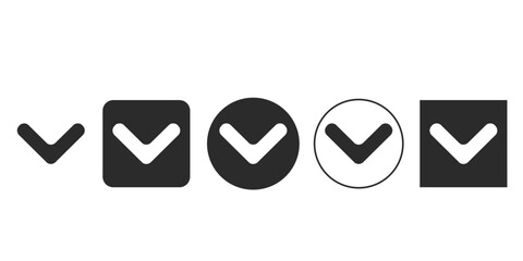 Minimalist black down arrow icon set for UI design   Vector chevron navigation symbol variations for websites   Dropdown expand collapse indicator glyphs collection   Scroll down button pointer icon © Mahmuda